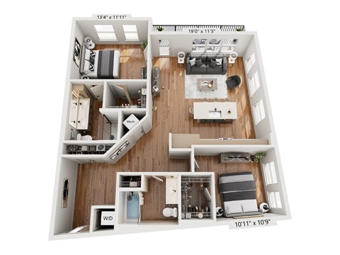 A detailed 3D floor plan of a two-bedroom apartment.